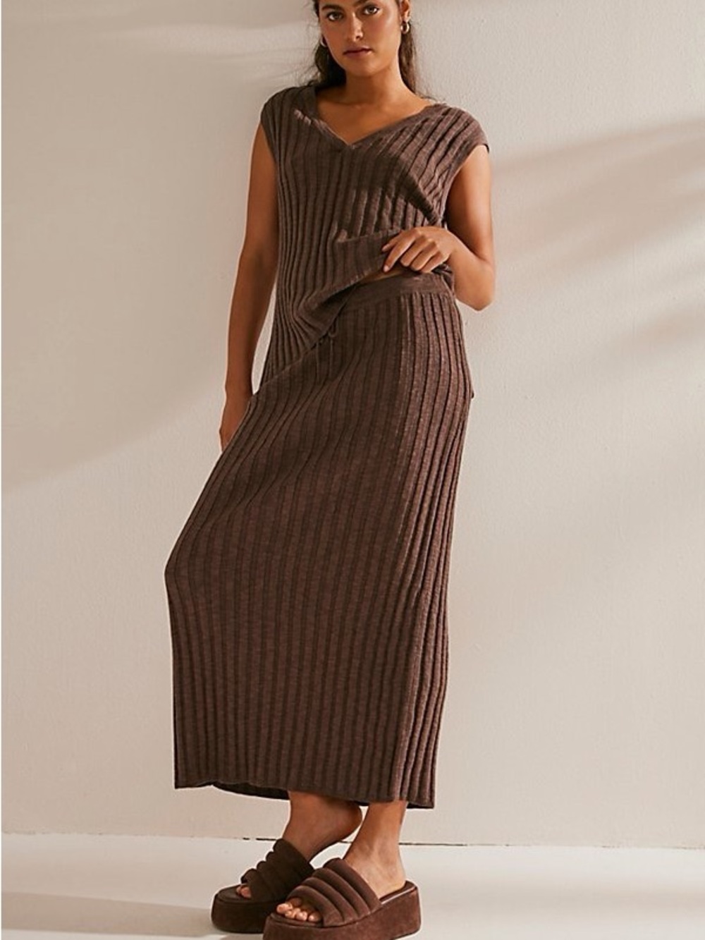 Free People Beach Ribbed Maxi Skirt | Drawstring Waist | Cream | Medium Tall